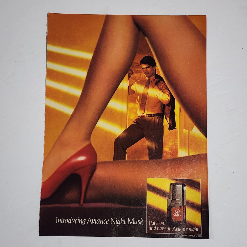 Vintage 1983 Aviance Night Musk Print Ad Prince Matchabelli Red Heels 8x10.5